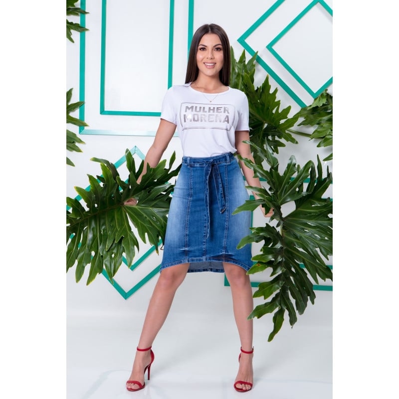 Saia jeans curta na frente e longa atras 2025