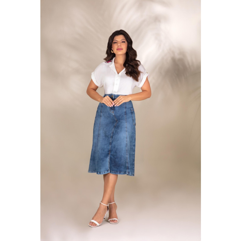 Saia jeans outlet midi botões