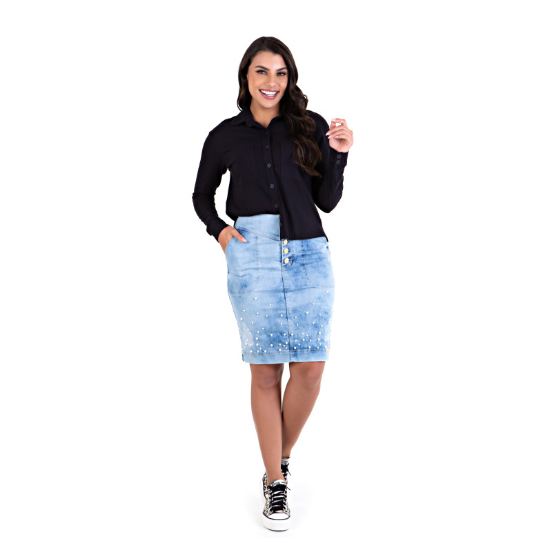 Saia Vivian Em Jeans Com Bot es Personalizados Azul Jeans Hapuk