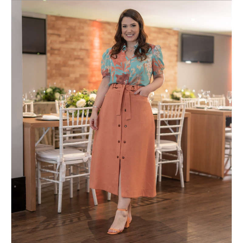 Saia Em Linho Terracota Plus size Kauly Alto