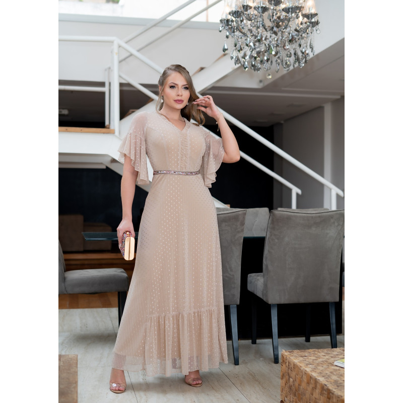 Vestido Longo Em Tule Po Forrado Nude Com Cinto Em Pedraria Kauly