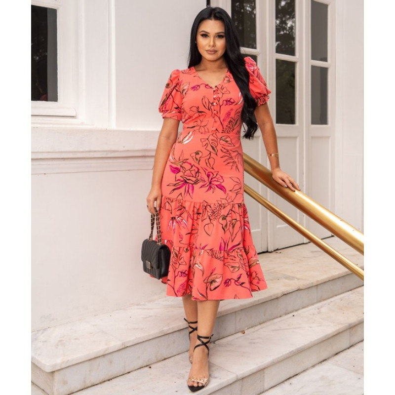 Vestido Mileide Midi Em Crepe Estampado Maria Amore
