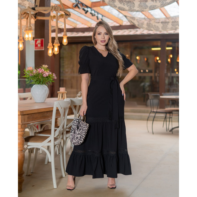 Vestido longo preto de viscose clearance
