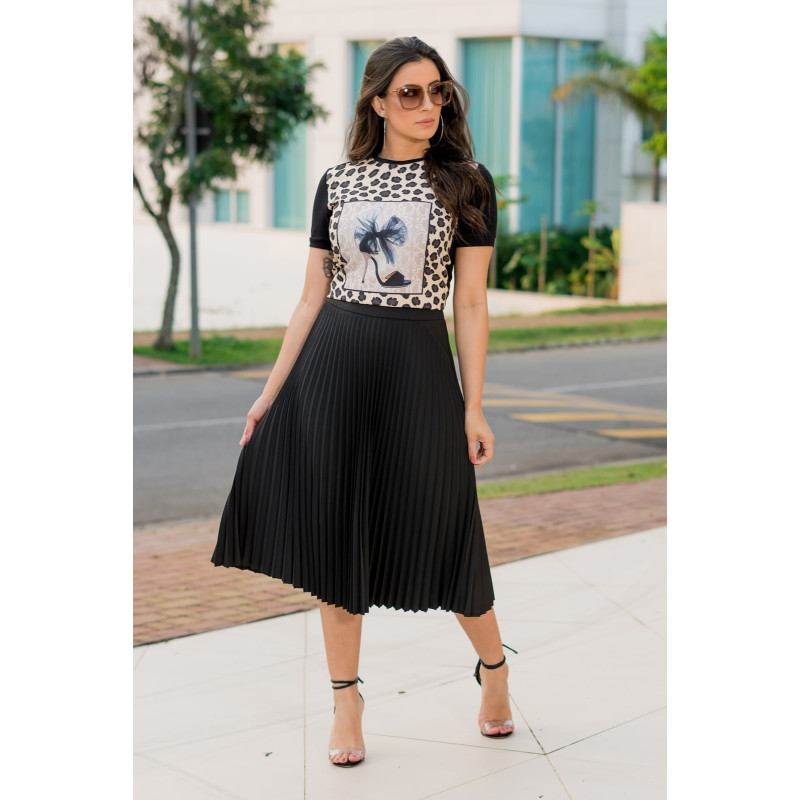 Saia Plissada Preta Luciana Pais