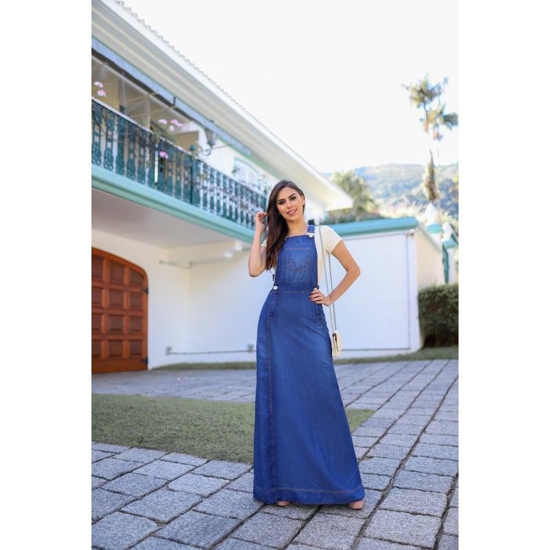 Jardineira jeans feminina shop saia evangelica