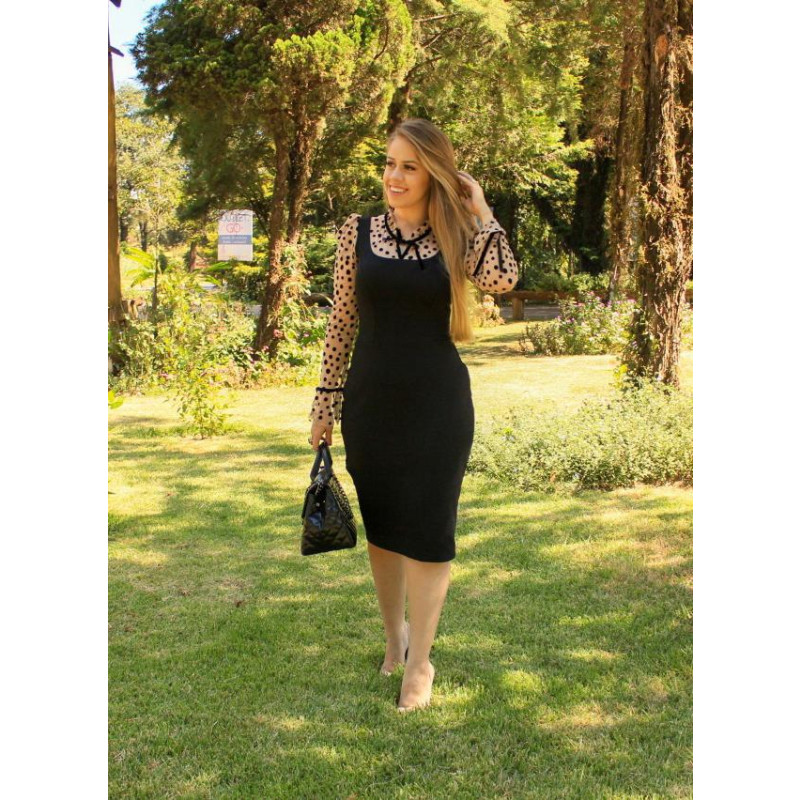 Vestido Detalhe Tule Poá Preto Maria Amore