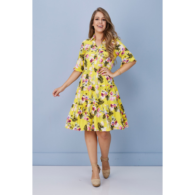 Vestido Floral com Botões Amarelo Tatá Martello