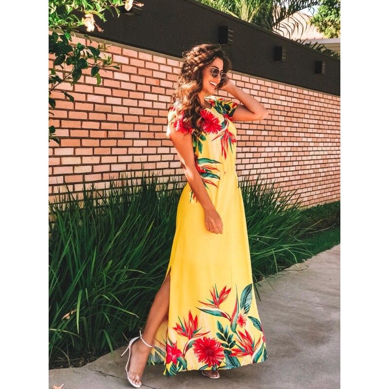 vestido amarelo florido longo