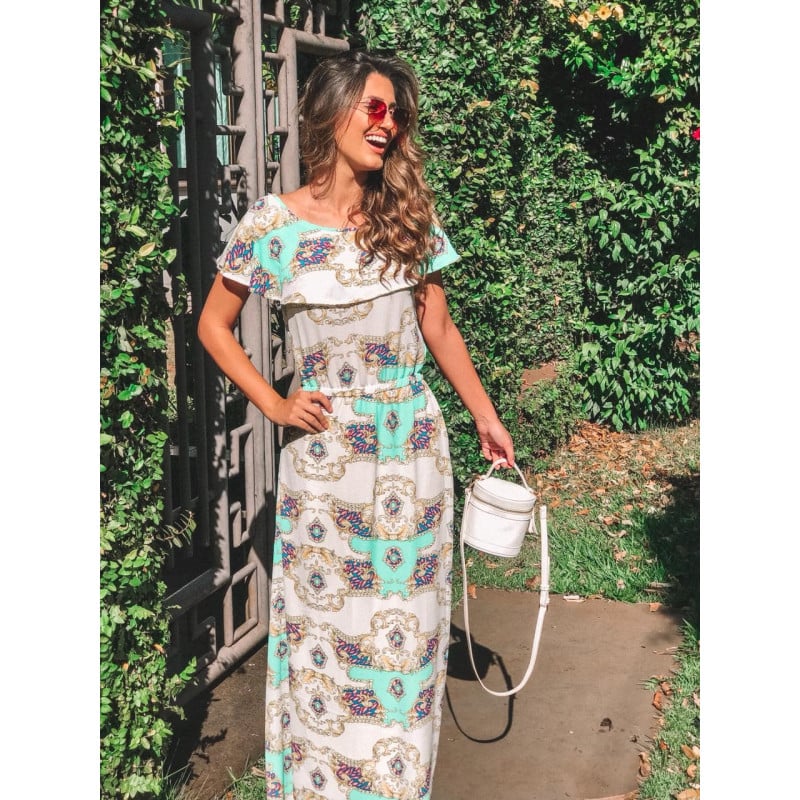 Vestido longo sales estampado com babado