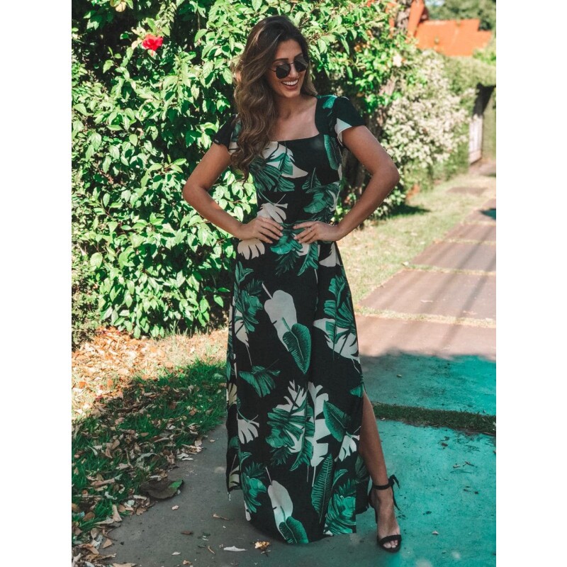 vestido longo folhagem