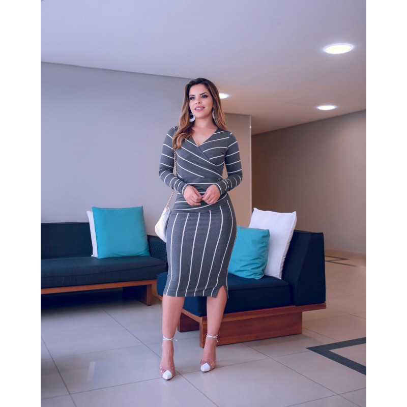 Vestido Midi Listrado Cinza Boutique K