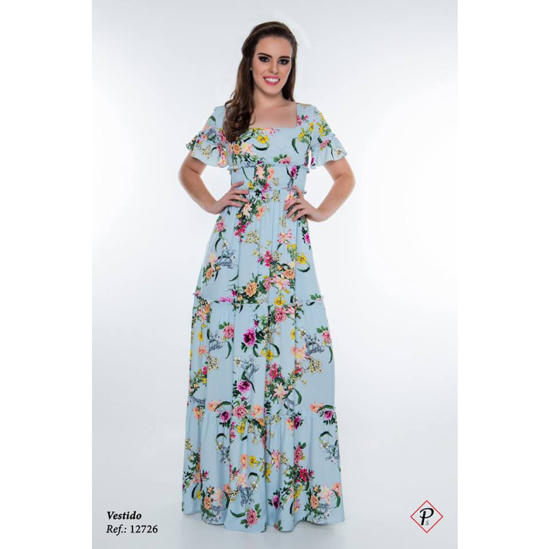 vestido floral azul longo