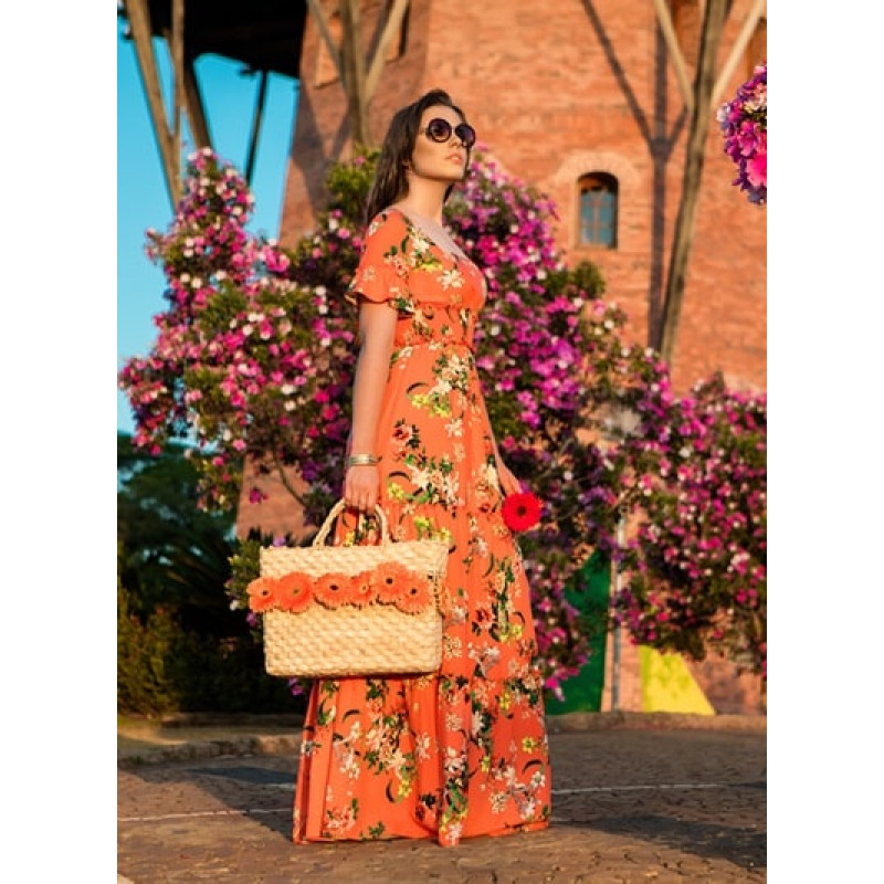 Vestido Longo Floral Laranja Puro Sharmy