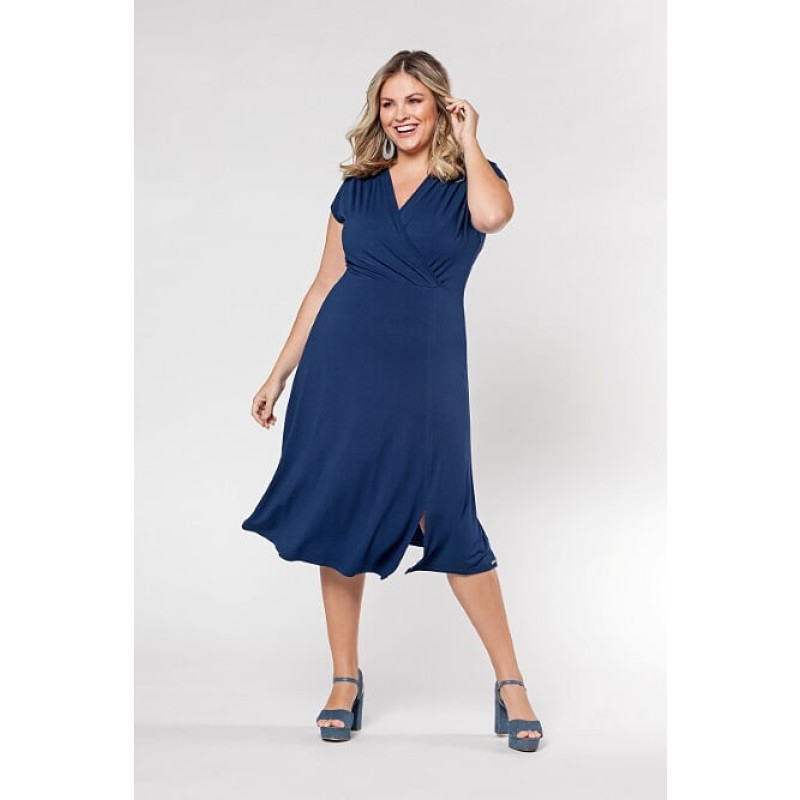 Vestido Transpassado Azul Plus Size