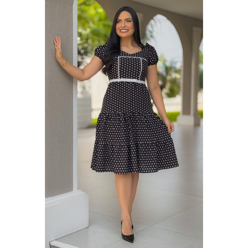 Vestido Areta Em Crepe Estampa Poá Maria Amore Outono/Inverno 2025