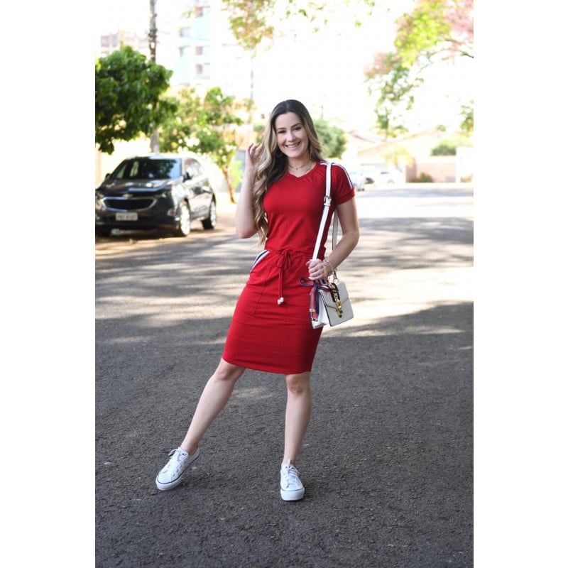 Vestido Vermelho Detalhe Faixa Primavera Ver o 2021