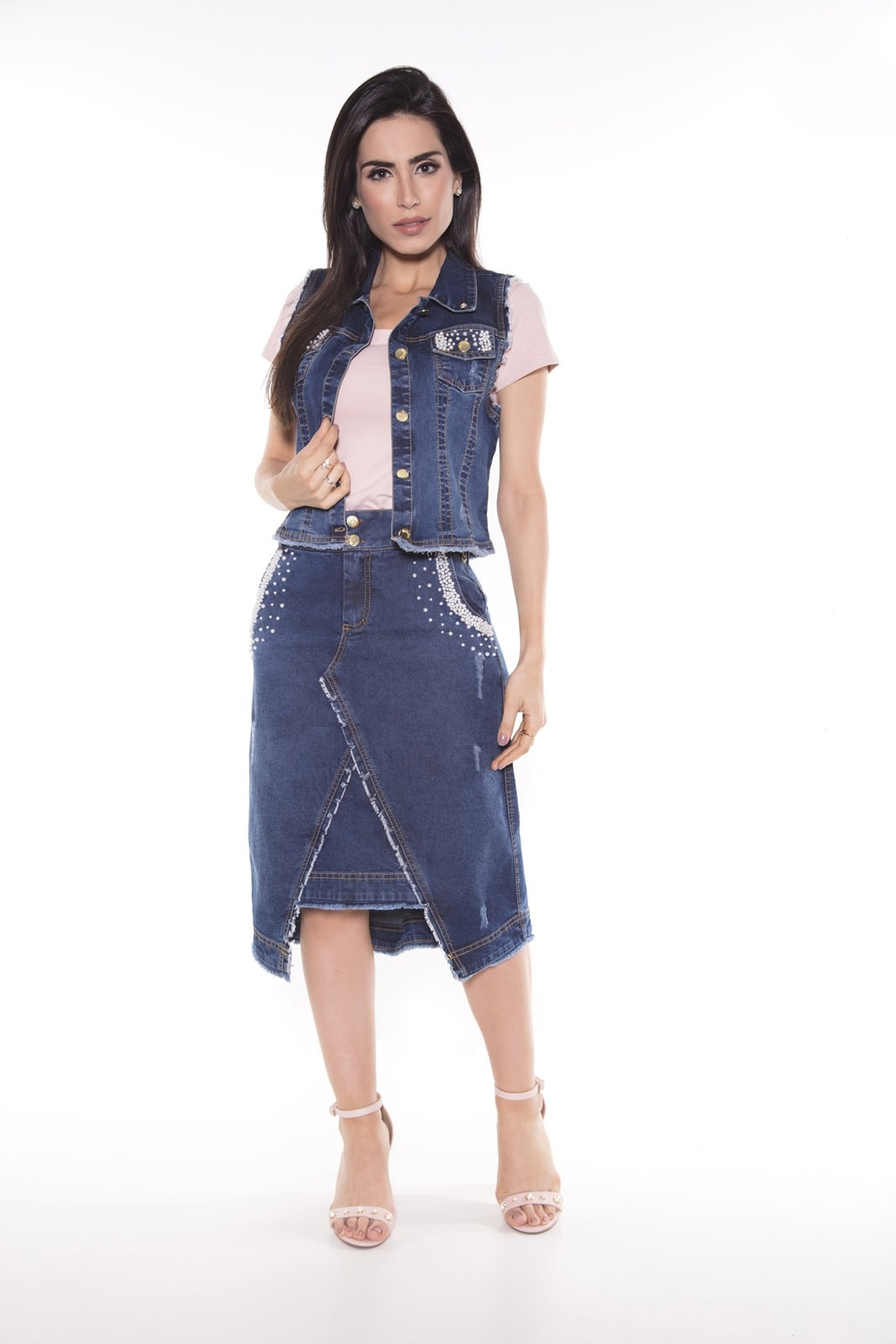 Conjunto jeans saia e colete hot sale