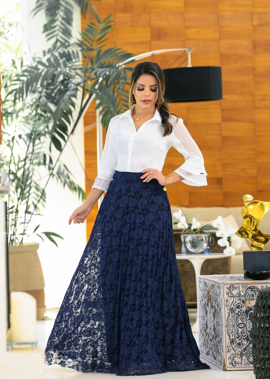 Conjunto Saia Longa Renda Azul Kauly
