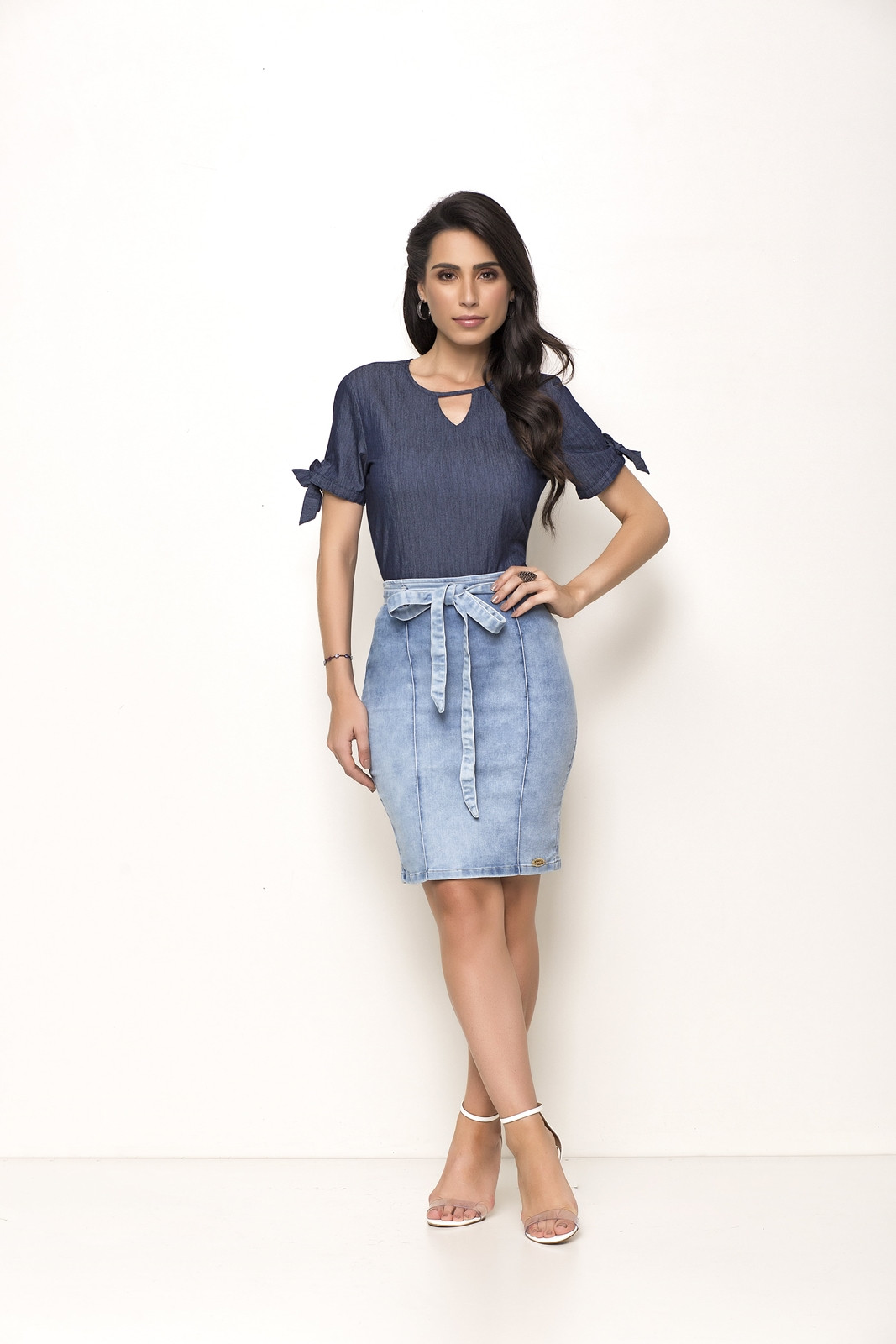 Saia jeans com amarração na cintura clearance