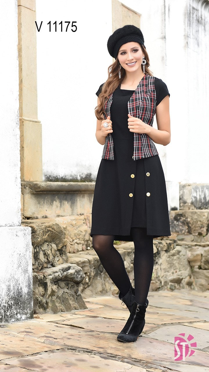 Vestido xadrez com clearance colete jeans