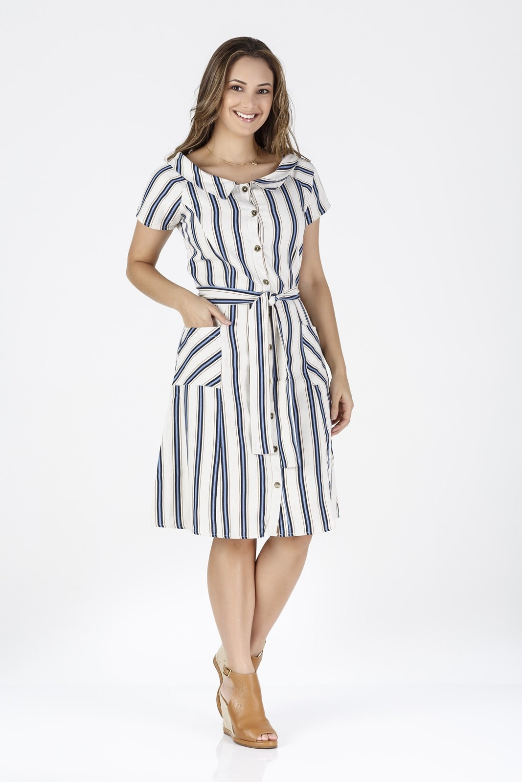 Vestido listrado de linho new arrivals