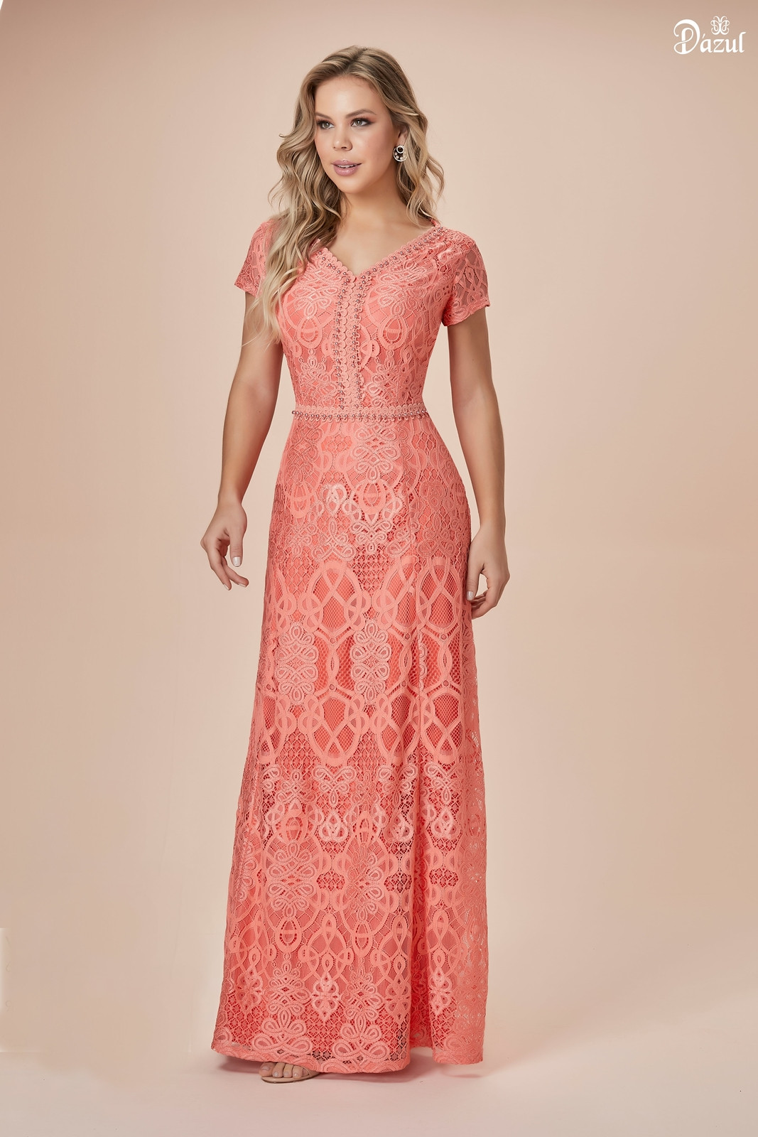 Vestido Longo em Renda Coral D azul