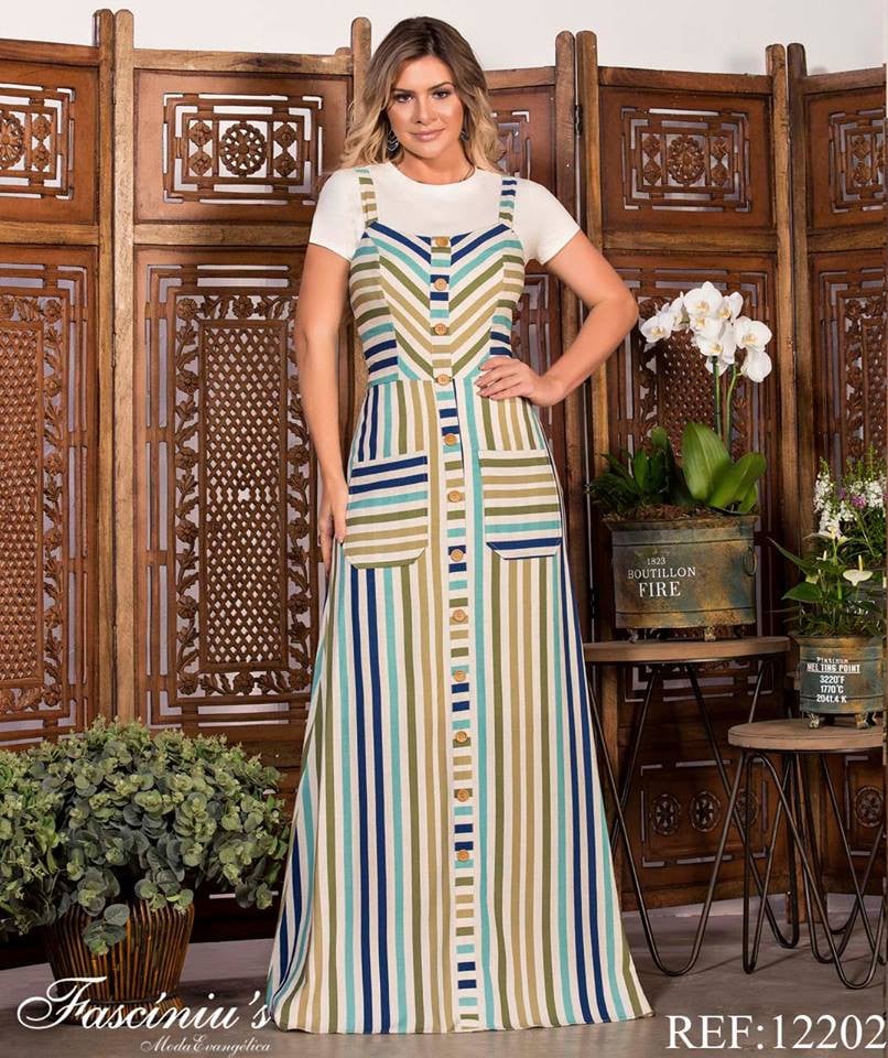 Vestido longo top de linho listrado