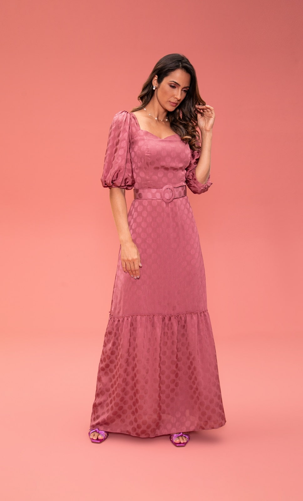 Vestido Longo Manga Bufante Rosa Fasciniu's