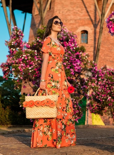 Vestido Longo Floral Laranja Puro Sharmy