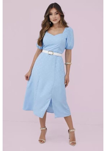 Vestido Isabella Em Crepe Vivense jacquard Azul Com Bolinha Nitido Primavera/Verão 2027