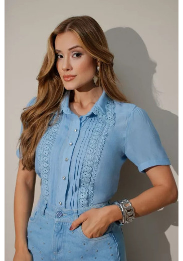 Camisa Rapunzel Em Viscose Sense Maquinetada Azul Novo Nitido Primavera/Verão 2027