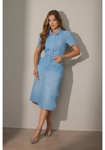 Saia Alexandra Em Jeans Midi E Lavagem Clara Com Efeito Lixado Nitido Primavera/Verão 2027