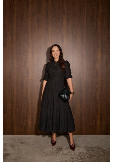 Vestido Nayara Em Lasie Preto Jany Pim Outono/Inverno 2026