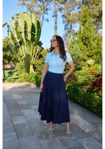Saia Liz Em Tricoline Azul Marinho Jany Pim Primavera/Verão 2027