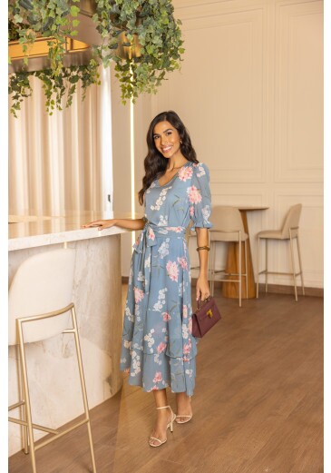 Vestido Laiz Em Toque De Seda E Musseline Estampa Exclusiva Azul Jany Pim Primavera/Verão 2026