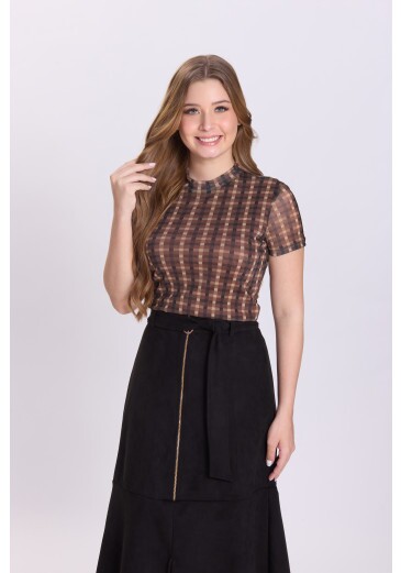 Blusa Gabriela Em Malha Tule Estampada Marrom Hapuk Outono/Inverno 2026