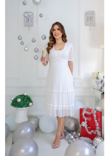 Vestido Lola Em Tule de Malha Maquinetado Branco Maria Amore Alto Verão 2025