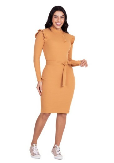 Vestido Minerva Em Malha Canelada Gola Alta Bege Hapuk Outono/Inverno 2024