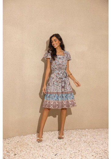 Vestido Aline Em Toque De Seda Estampado Jany Pim Primavera/Verão 2026