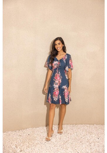 Vestido Lariele Em Toque De Seda Estampa Exclusiva Azul Jany Pim Primavera/Verão 2026