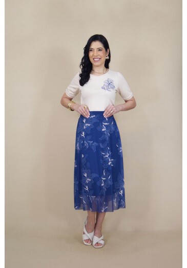 Saia Midi Em Tule Estampado Azul Hadaza Primavera/Verão 2026
