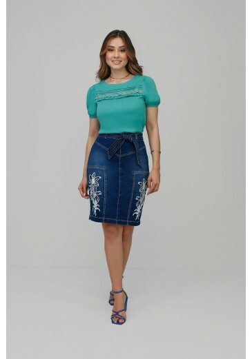 Saia Haru Secretária Jeans com Bordado Nítido Primavera/Verão 2025 