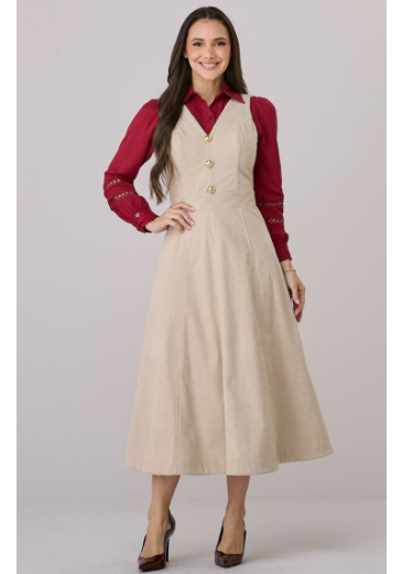 Vestido Simone Em Veludo Cotele Bege Tata Martello Outono/Inverno 2026