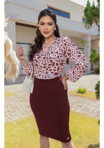 Blusa Solange Em Crepe Estampado  Marrom Maria Amore Primavera/Verão 2026