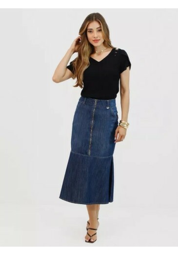 Saia Lari Em Jeans Nítido Primavera/Verão 2026