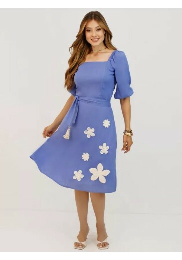 Vestido Flor Em Rayon Azul Nitido Primavera/Verão 2026