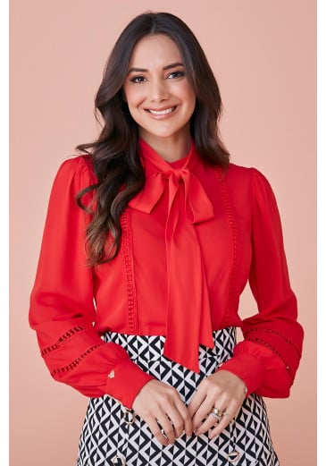 Camisa Isadora Em Viscolinho Slub Com Renda Vermelha Tata Martello Outono/Inverno 2024