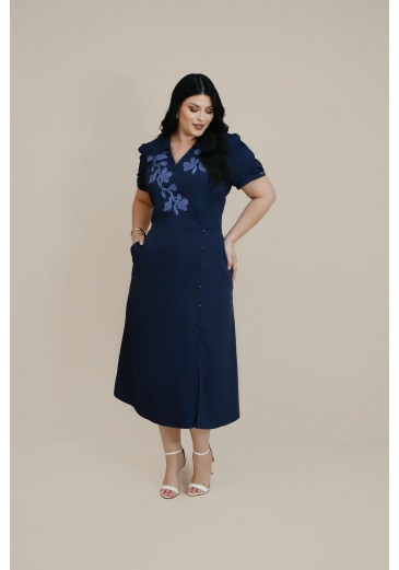 Vestido Bonina Em Midi De Alfaiataria Azul Plus Size Nitido Outono/Inverno 2026