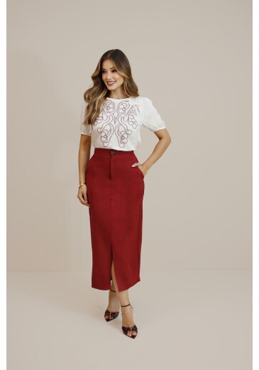 Saia Astromelia Em Alfaiataria Chambray Marsala Plus Size Nitido Outono/Inverno 2026