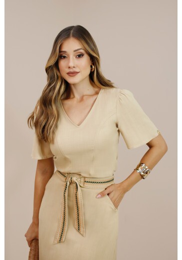 Blusa Clevia Em Decote V Bege Nitido Outono/Inverno 2026